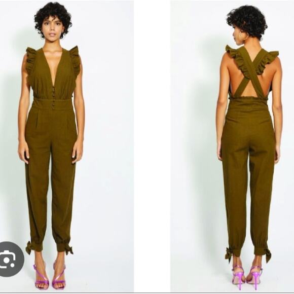 Happy X Nature Jumpsuit Jumper Green Romper Cottage Boho Ruffle Bow Womens 14 XL - Picture 2 of 16